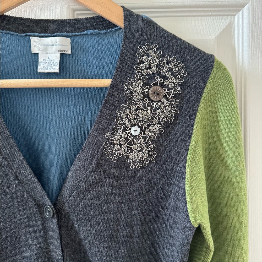 BIBELOT Cardigan Italian Wool Fine knit Embroidered Artistic Colorblock HTF